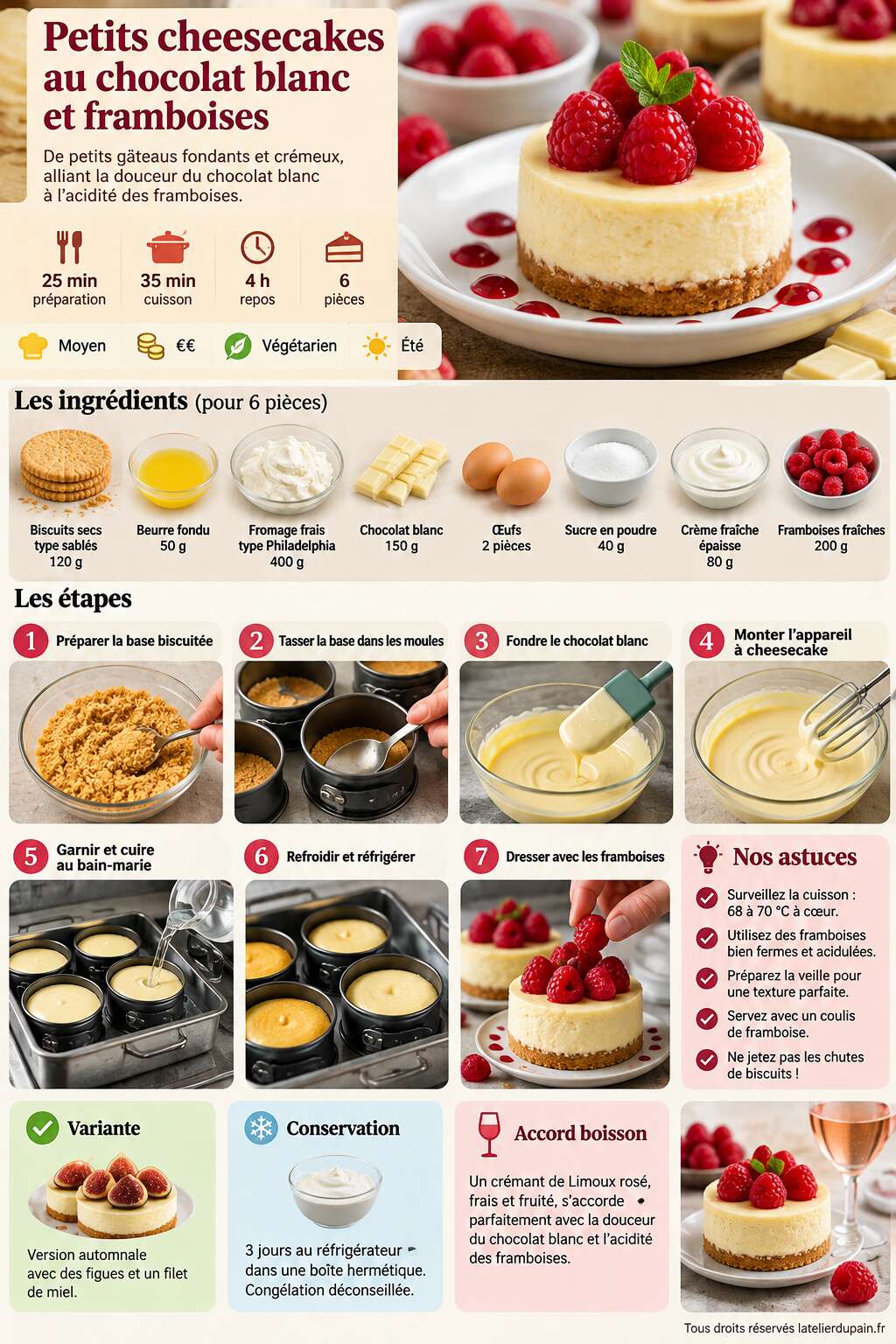 Fiche recette Recette de petits cheesecakes au chocolat blanc et framboises