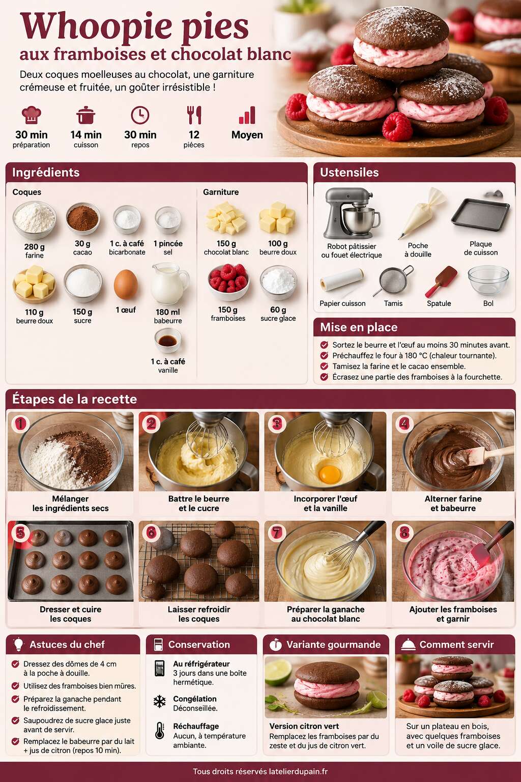 Fiche recette Recette de whoopie pies aux framboises et chocolat blanc